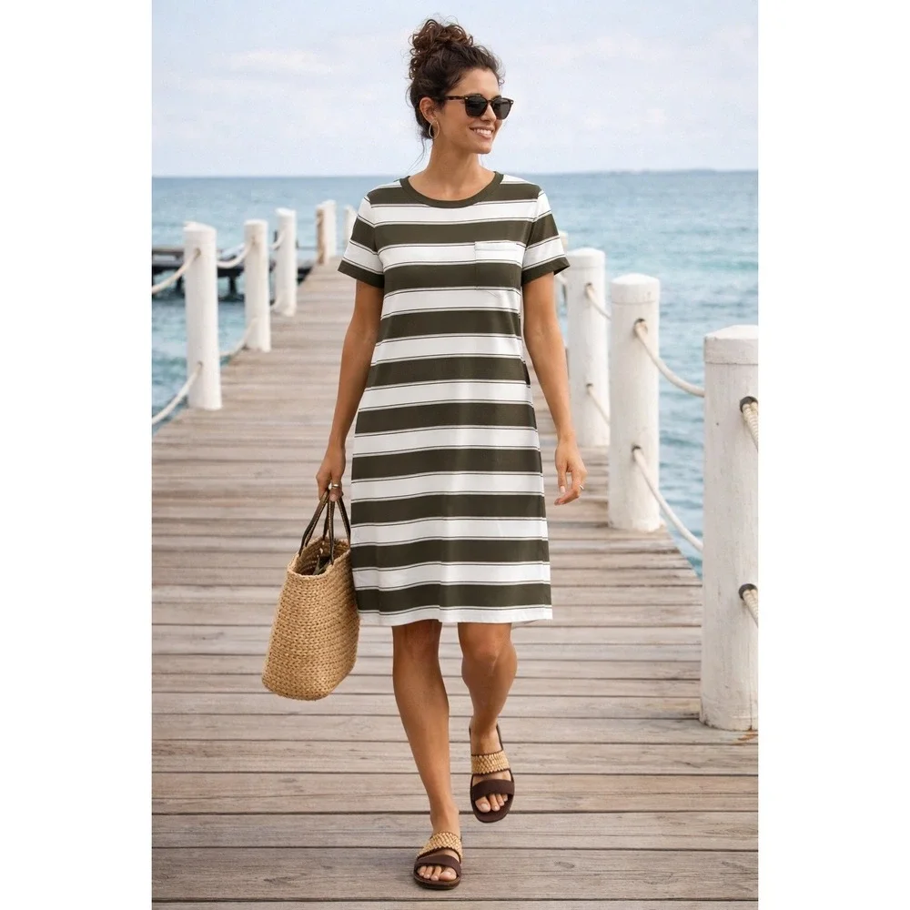 LOFT Beach Womens Brown Striped Short Sleeve Pocket T-Shirt Dress Size Medium - Picture 1 of 13